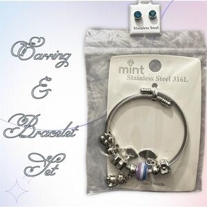 Mint Stainless Steel Bracelet and Earring Set with Blue and Purple Beads